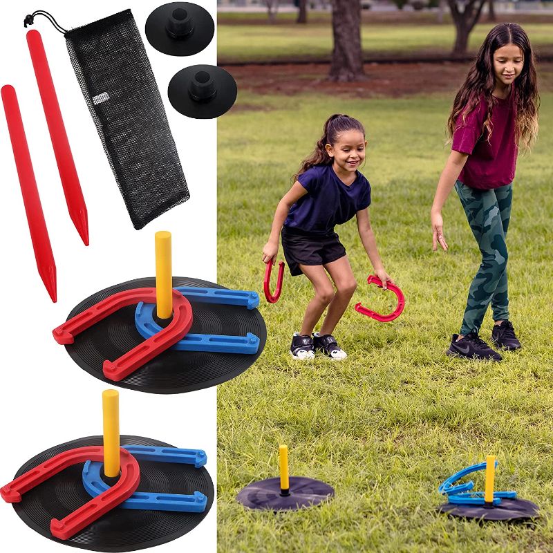 Photo 1 of FIELDAY 10 PCS Rubber Horseshoes Yard Game Set, Includes 4 Horseshoes, 4 Stakes and 2 Rubber Mats, Outdoor and Indoor Games for Kids, Classic Outdoor Game for Beach, Backyard, Camping