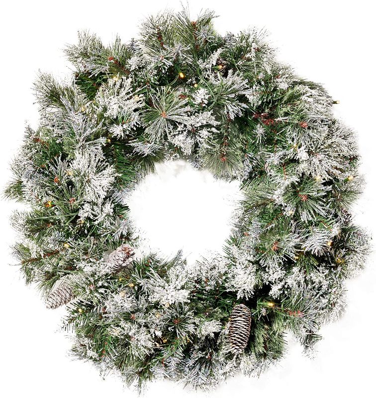 Photo 1 of 24" Mixed Spruce Christmas Wreath w/50 Warm White LED Lights, Flocked Snow and Glitter Branches, Pinecones - Battery-Operated, No Timer