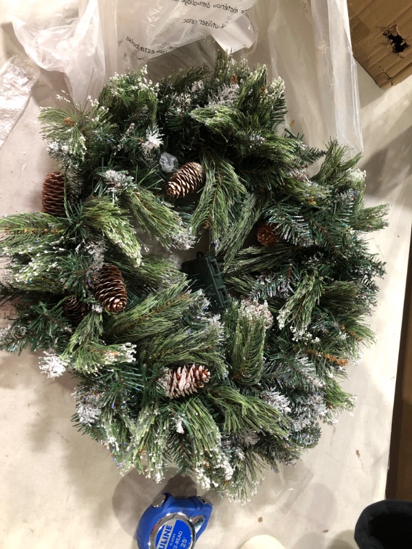 Photo 2 of 24" Mixed Spruce Christmas Wreath w/50 Warm White LED Lights, Flocked Snow and Glitter Branches, Pinecones - Battery-Operated, No Timer