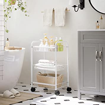 Photo 1 of SONGMICS 3-Tier Metal Rolling Cart on Wheels with Baskets, Lockable Utility Trolley with Handles for Kitchen Bathroom Closet, Storage with Removable Shelves, White UBSC003W01
