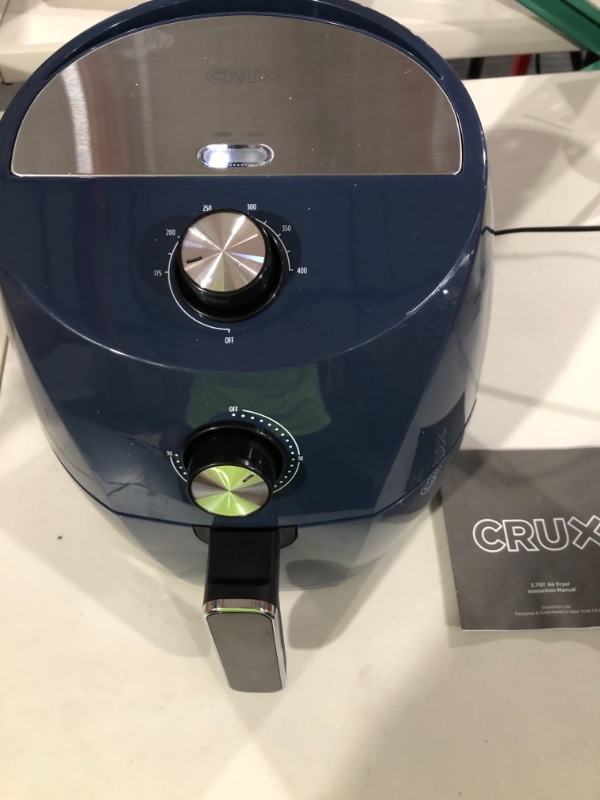 Photo 2 of Crux 3.7QT Manual Air Fryer, Faster Pre-Heat, No-Oil Frying, Fast Healthy Evenly Cooked Meal Every Time, Dishwasher Safe Non Stick Pan and Crisping Tray for Easy Clean Up, Stainless Steel/Blue