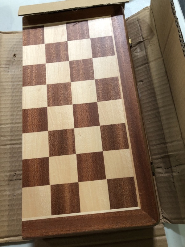 Photo 2 of A&A 15 inch Wooden Folding Chess & Checkers Set w/ 3 inch King Height Staunton Chess Pieces - Mahogany Box w/ Mahogany & Maple Inlay