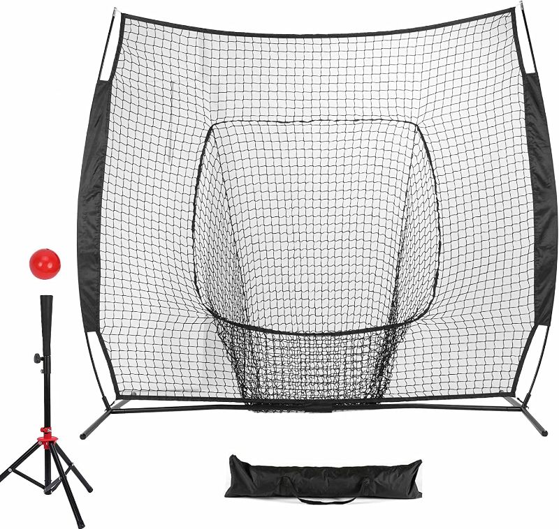 Photo 1 of Baseball and Softball Practice Net 7'×7' Portable Hitting Batting Training Net with Carry Bag & Metal Frame + Baseball Softball Batting Tee (Baseball Net with Batting Tee)
