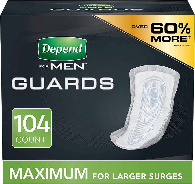 Photo 1 of Depend Incontinence Guards/Incontinence Pads for Men/Bladder Control Pads, Maximum Absorbency, 104 Count (2 Packs of 52) (Packaging May Vary)
