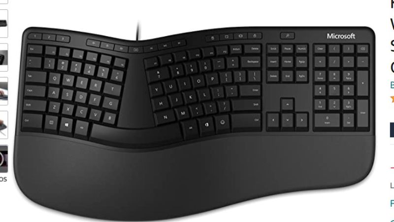 Photo 1 of Microsoft Ergonomic Keyboard - Black. Wired, Comfortable, Ergonomic Keyboard with Cushioned Wrist and Palm Support. Split Keyboard. Dedicated Office Key.
