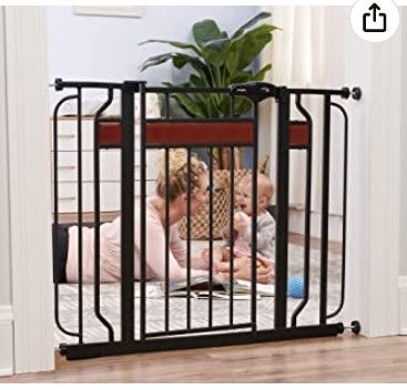 Photo 1 of Regalo Home Accents Extra Wide Walk Thru Baby Gate, Includes Décor Hardwood, 4-Inch Extension Kit, 4-Inch Extension Kit, 4 Pack of Pressure Mount Kit 