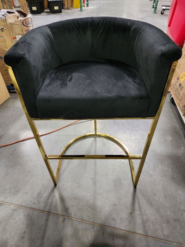 Photo 2 of Iconic Home Finley Bar Stool Chair Velvet Upholstered Rolled Shelter Arm Design Half-Moon Goldtone Solid Metal U-Shaped Base Modern Contemporary, Black Black Bar Stool (GOLDTONE)