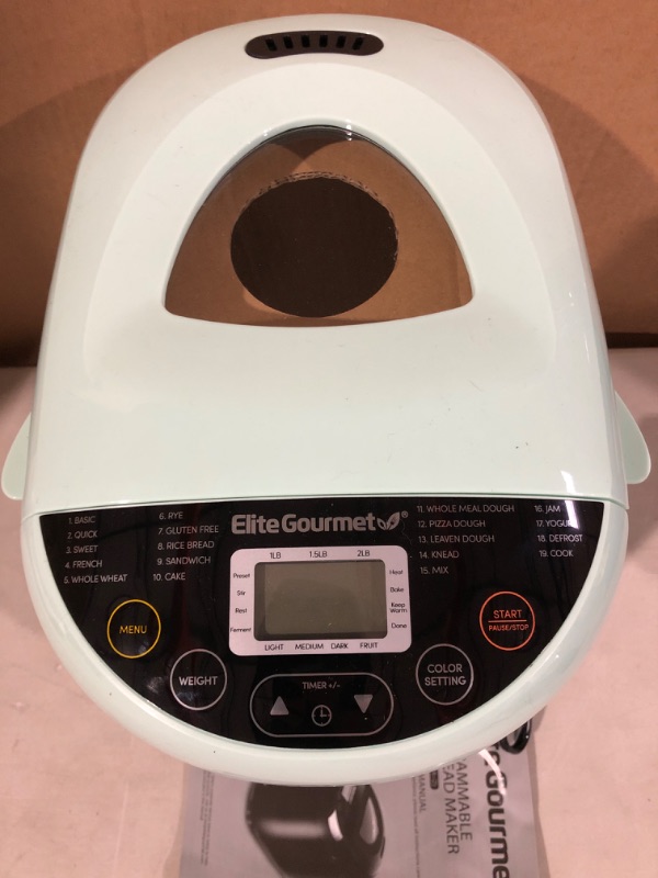 Photo 3 of Elite Gourmet EBM8103M Programmable Bread Maker Machine, 3 Loaf Sizes, 19 Menu Functions Gluten Free White Wheat Rye French and more, 2 Lb, Mint.
* Open box, carton damaged in shipping. no visible damage or defect to product. * Unit powers up. 