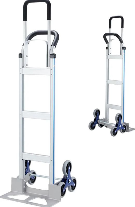 Photo 1 of Haddockway 2 in 1 Aluminum Hand Truck Heavy Duty Stair Climber Dolly 650 Lbs Capacity Hand Truck Cart with 18"x7.5" Diecast Nose Plate and 6 Wheels. 
* Open box, carton has shipping damage, no visible damage or defect on product. * (Stock photo for refere