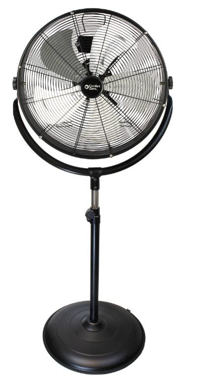 Photo 1 of Comfort Zone 20 3-Speed High-Velocity Industrial Slim-Profile Drum Fan with Aluminum Blades and Adjustable Tilt Black.
** Damaged ** powers up motor but fan doesn't move.  Base is also damaged, wobble.