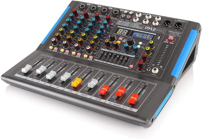 Photo 1 of 4-Channel Bluetooth Studio Audio Mixer - DJ Sound Controller Interface with USB Drive for PC Recording Input, XLR Microphone Jack, 48V Power, Input/Output for Professional and Beginners - PMXU46BT
