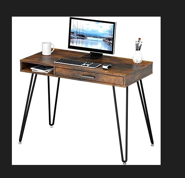 Photo 1 of SHW Home Office Computer Hairpin Leg Desk with Drawer, Rustic Brown