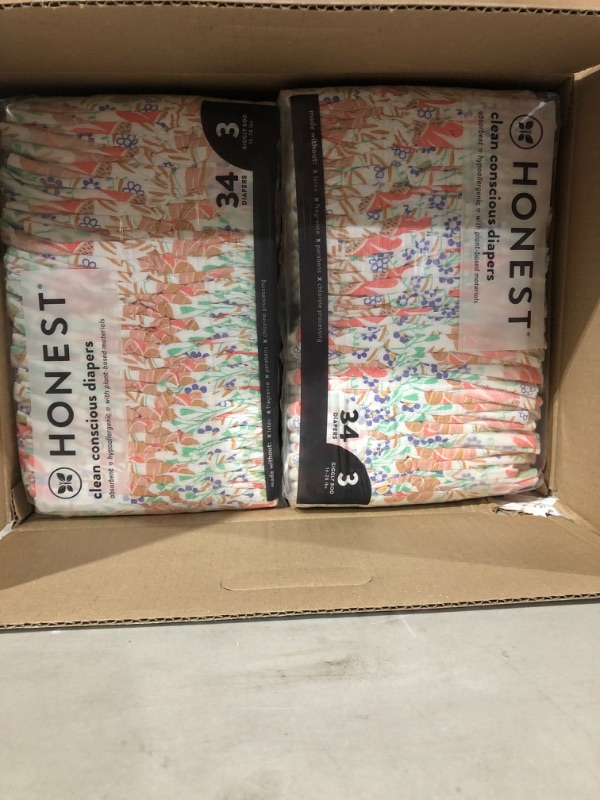 Photo 2 of The Honest Company - Super Club Box, Clean Conscious Diapers, Rainbow Stripes + Flower Power, Size 3, 136 Count (Packaging May Vary)  * Open box, minor shipping damage. No visible damage to product. * (Stock photo for reference only)