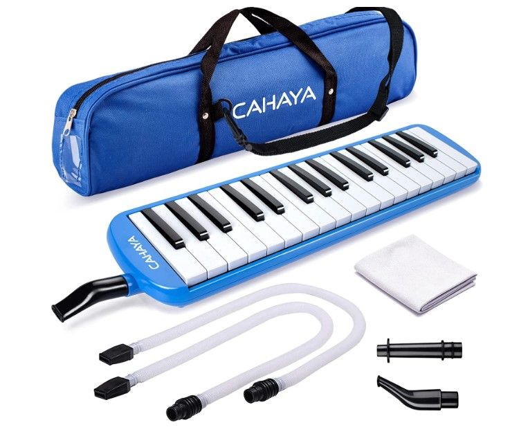 Photo 1 of CAHAYA Melodica 2 Double Mouthpieces Tube Sets Melodicas Piano Style 32 Key Portable with Carrying Bag, Blue, CY0050-2