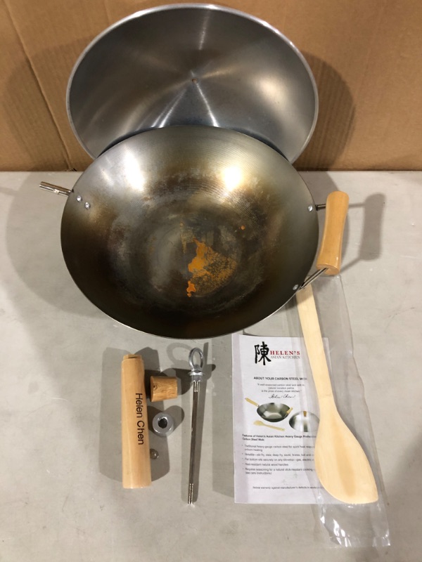 Photo 2 of Helen's Asian Kitchen Helen Chen's Asian Kitchen Flat Bottom Wok, Carbon Steel with Lid and Stir Fry Spatula, Recipes Included, 13.5-inch, 4 Piece Set, 13.5 Inch, Silver/Gray/Natural Carbon Steel with Lid, 13.5 Inch.  * USED * see pic