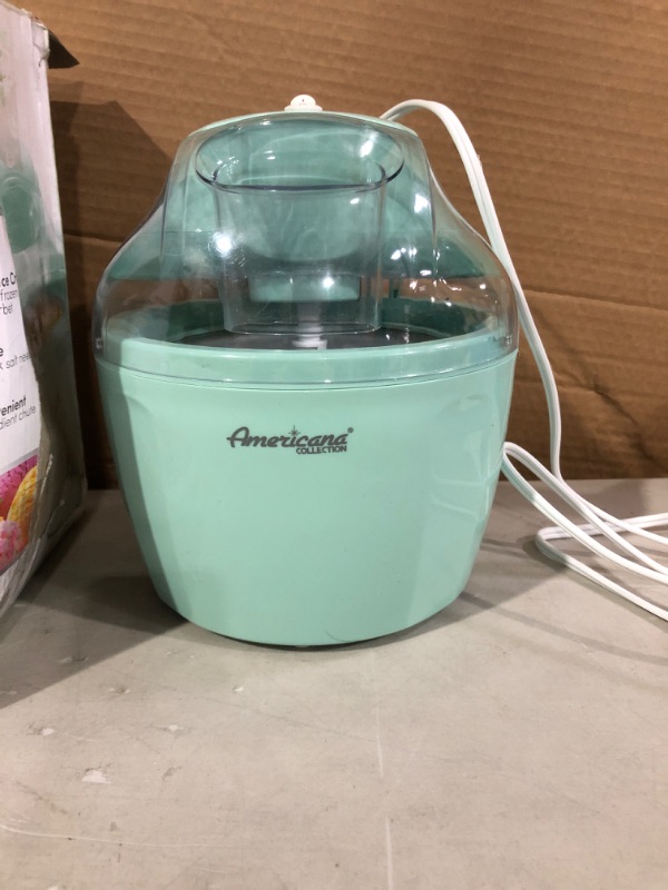 Photo 2 of Americana EIM-1400M 1.5 Qt Freezer Bowl Automatic Easy Homemade Electric Ice Cream Maker, Ingredient Chute, On/Off Switch, No Salt Needed, Creamy Ice Cream, Gelato, Frozen Yogurt, Sorbet, Recipe Book Motor 1.5 Quart Mint.  * Open item, carton damaged in s