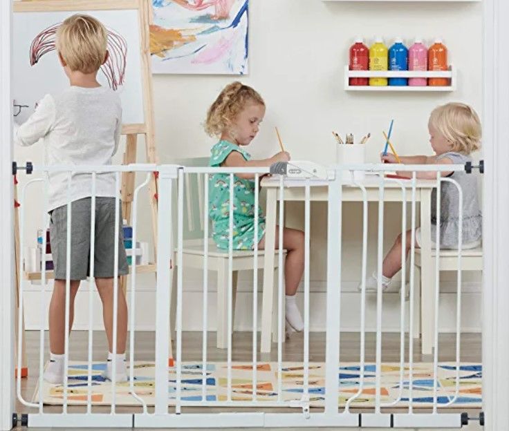 Photo 1 of Regalo 56-Inch Extra WideSpan Walk Through Baby Gate, Includes 4-Inch, 8-Inch and 12-Inch Extension, 4 Pack of Pressure Mounts and 4 Pack of Wall Cups and Mounting Kit, White.
* Open item, no visible damage or defect. * Hardware appears complete.