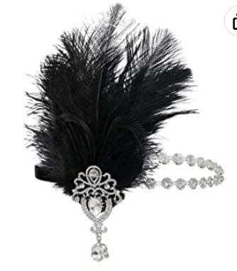 Photo 1 of SWEETV 1920s Feather Headpiece Black, Womens Ostrich Feather Crystal Headband, Great Gatsby Hair Accessories for Women, Ribbon Tie Black Band