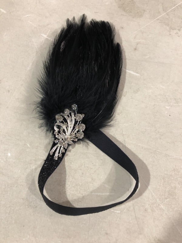 Photo 2 of SWEETV 1920s Feather Headpiece Black, Womens Ostrich Feather Crystal Headband, Great Gatsby Hair Accessories for Women, Ribbon Tie Black Band