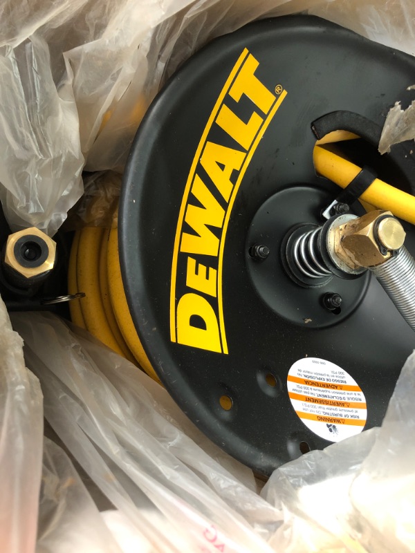 Photo 2 of DEWALT DXCM024-0348 3/8" x 50' Manual Hose Reel with Rubber Hose, Yellow & ColorFit by Milton Coupler & Plug Kit - (M-Style, Red) - 1/4" NPT, (14-Piece) - S-314MKIT Hose Reel + Plug Kit