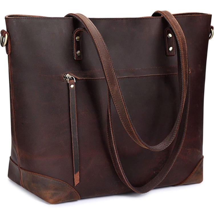 Photo 1 of S-ZONE Vintage Genuine Leather Shoulder Bag Work Totes for Women Purse Handbag with Back Zipper Pocket Large