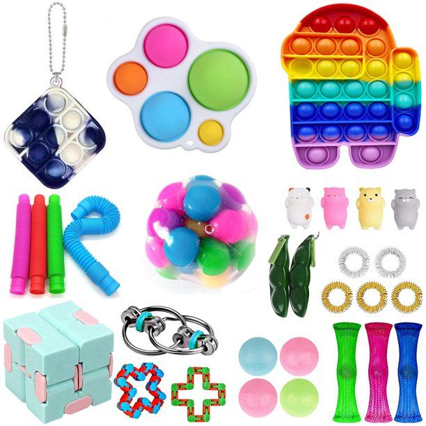 Photo 1 of  2 pack of 28 Pcs Fidget Toys Pack, Pop Keychain Stress Relief Toys Rewards for Classroom Party Favors Unicorn Dinosaur Anxiety Relief Sensory Fidgetget Toys