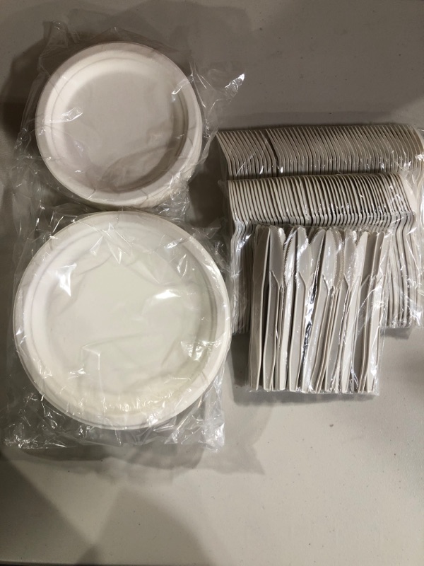 Photo 2 of Compostable Paper Plates Set 250PCS - Disposable Biodegradable 250 Heavy Duty Large 9 Inch Plate, Sturdy 7 Inch Dessert Plates, 7 Inch Cutlery - Eco-Friendly Bulk Dinner & Party Supplies 250 Pack of 250