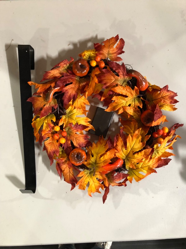 Photo 2 of 2 Brwoynn Fall Door Wreath, 
17 inch Thanksgiving Harvest Wreath for Front Door with Maple Leaf and Berry, Pumpkins, Ideal for Harvest Autumn Thanksgiving Indoor Outdoor Decoration Orange