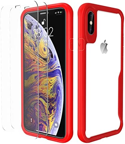 Photo 1 of Designed for iPhone X/XS Case,ORETech Designed for iPhone X/iPhone Xs Cases with 2 x Tempered Glass Screen Protector for iPhone X/XS Transparent Soft TPU Shockproof Phone Cover for iPhone X/XS -Red