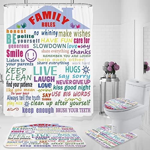 Photo 1 of zokyer Kids Shower Curtain Set Girls Learning Educational Inspirational Family Rules Bathroom Decor with Non-Slip Rugs Toilet Lid Cover U Shape Mat 12 Hooks Fabric Waterproof Polyester (60Wx72L)