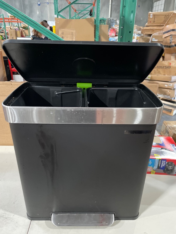 Photo 2 of *LID DOES NOT CLOSE* SONGMICS 2 x 8 Gallon Dual Compartment Garbage Can, 60L Pedal Recycling Bin, Stainless Steel, 15 Trash Bags Included, Black