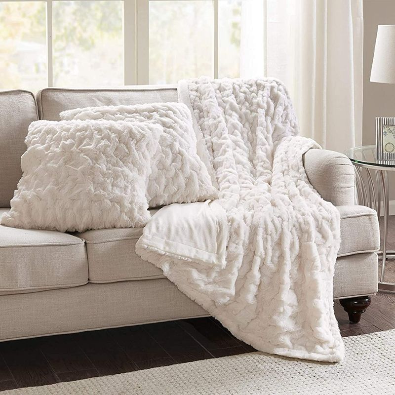 Photo 1 of **USED** Comfort Spaces Faux Fur Throw Blanket (50x60) with Two Pillow Covers, BEIGE 