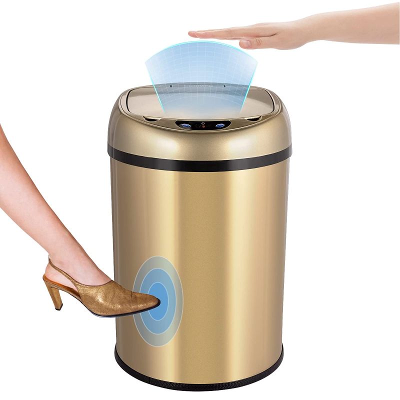 Photo 1 of CONIMPO 3.5 Gallon Automatic Touchless Trash Can, Stainless Steel Infrared Motion Sensor Trash Can Smart Garbage Can with Lid for Kitchen Bathroom Bedroom Living Room Office (Champagne Gold)