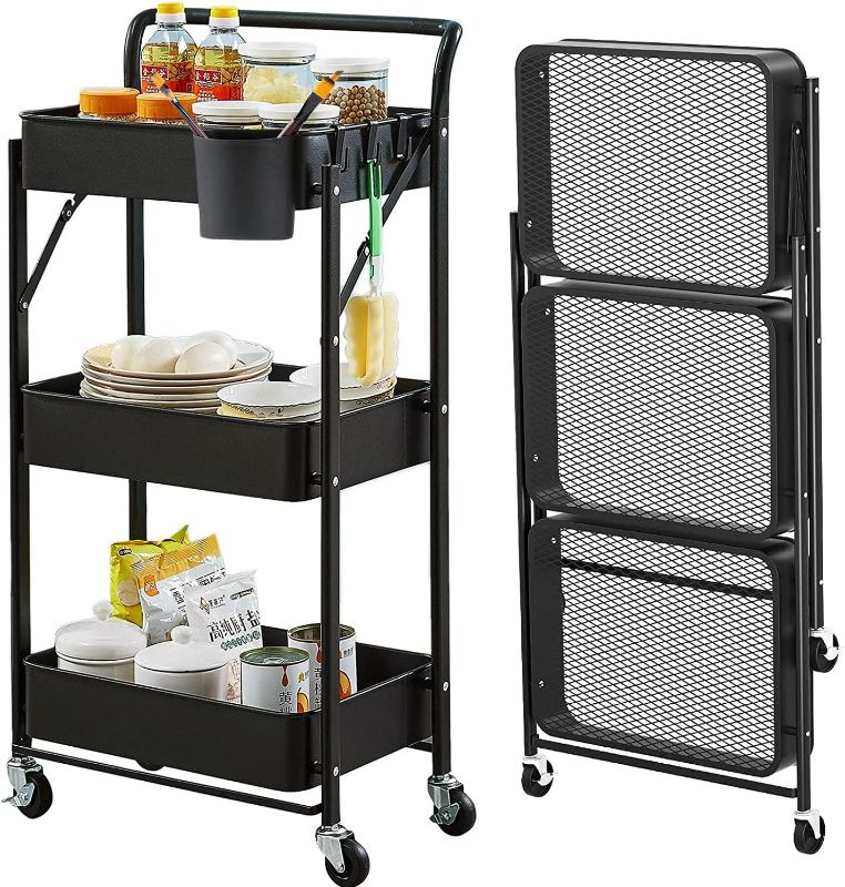 Photo 1 of Folding Storage Cart 3 Tier Rolling Cart No Assemble Need Metal Organizer Cart with Wheels Foldable Kitchen Cart Utility Storage for Classroom Living Room Bedroom
