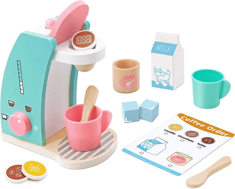 Photo 1 of Play Kitchen Accessories - Brew & Serve Wooden Coffee Maker Set, Encourages Imaginative Play, 13 Pieces, Upgraded Toy Coffee Set for Kids-Fun and Colorful for Girls and Boys
