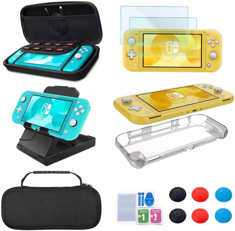 Photo 1 of Accessories Kit for Nintendo Switch Lite - YOOWA Accessories Bundle with Carrying Case, Protective Cover case, 2-Pack Tempered Glass Screen Protector, Adjustable Play Stand, 6 Thumb Grips
