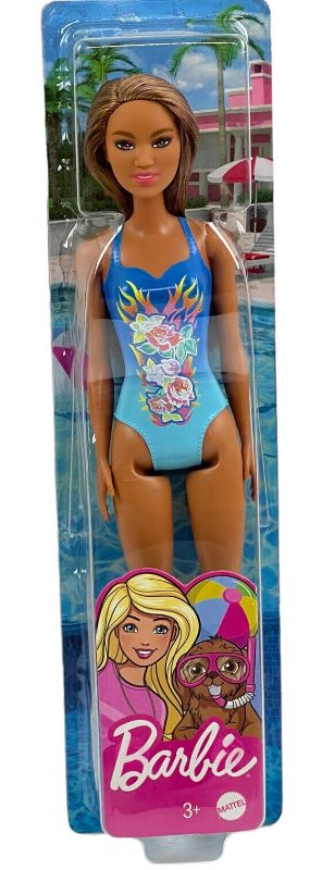 Photo 1 of 2021 Barbie Beach Fashion Doll Brunette Blue Floral & Flame Swimsuit Age 3+
