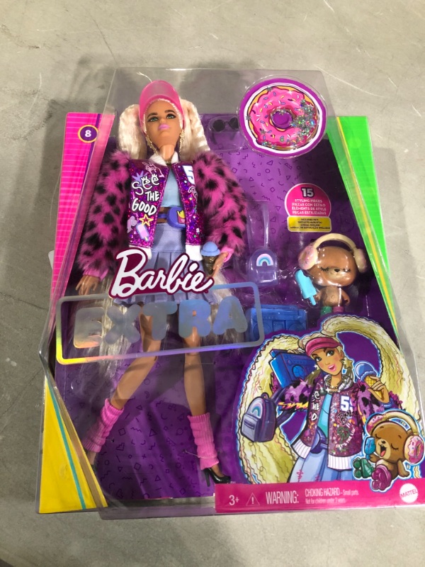 Photo 2 of Barbie Extra Doll #8 in Pink Sparkly Varsity Jacket with Furry Arms & Pet Teddy Bear, Extra-Long Crimped Pigtails, Layered Outfit & Accessories, Multiple Flexible Joints