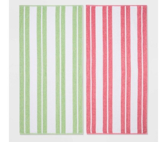 Photo 1 of 2pc Striped Travel Size Beach Towel Bundle Green/Pink - Sun Squa