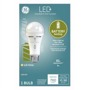 Photo 1 of GE LED+ Backup Battery Light Bulb Rechargeable Soft White 60 Watt Replacement Standard Bulb Shape Medium Base (1 Pack)
