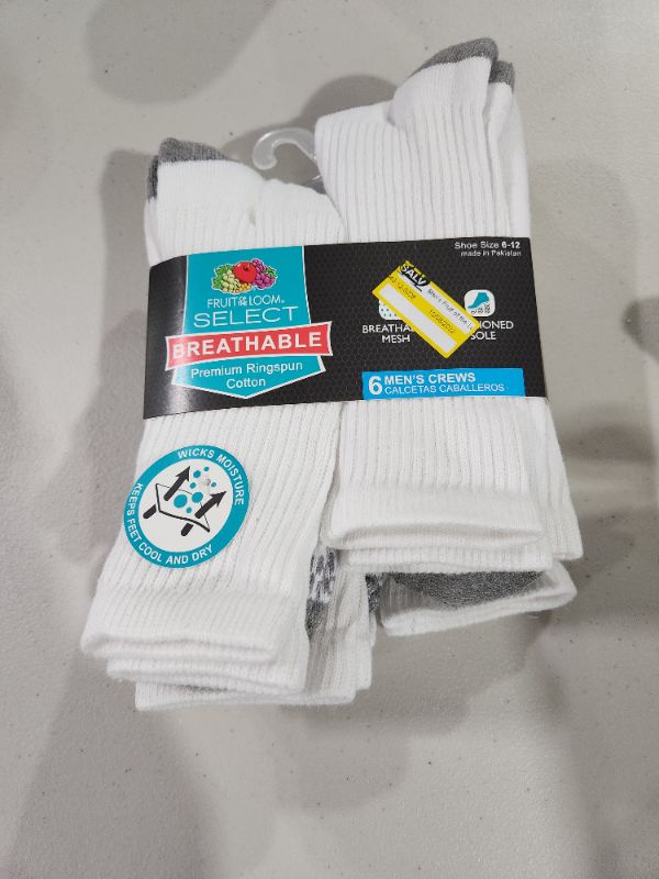 Photo 2 of Men's Fruit of the Loom Breathable 6pk Crew Socks - White 6-12