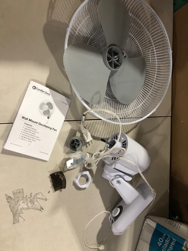 Photo 2 of Comfort Zone CZ16W 16” 3-Speed Oscillating Wall-Mount Fan with Adjustable Tilt, Metal Grille, 90-Degree Oscillation, White 16" Wall Fan