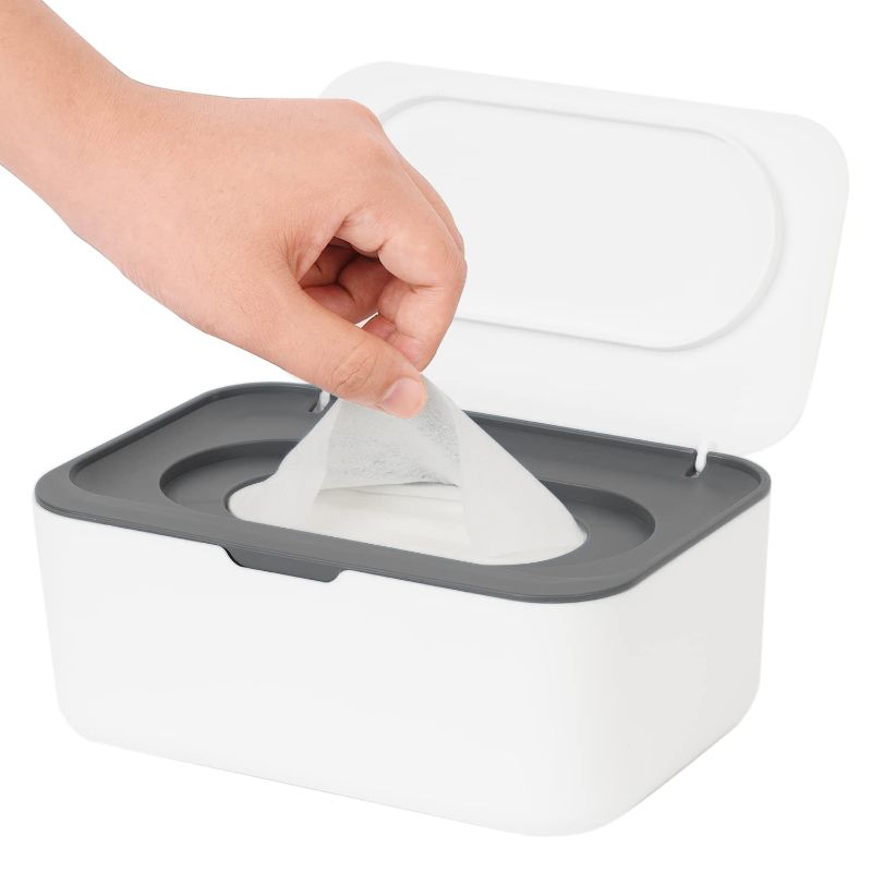 Photo 1 of Wipes Dispenser, Wipe Holder for Baby & Adult, Seposeve Refillable Wipe Container, Keeps Wipes Fresh, One-Handed Operation. Non-Slip, Easy Open/Close Wipes Pouch Case, (WHITE/Grey)