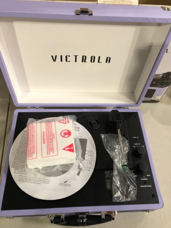 Photo 2 of Victrola Vintage 3-Speed Bluetooth Portable Suitcase Record Player with Built-in Speakers | Upgraded Turntable Audio Sound | Lavender (VSC-550BT-LVG) Lavender/Silver Record Player