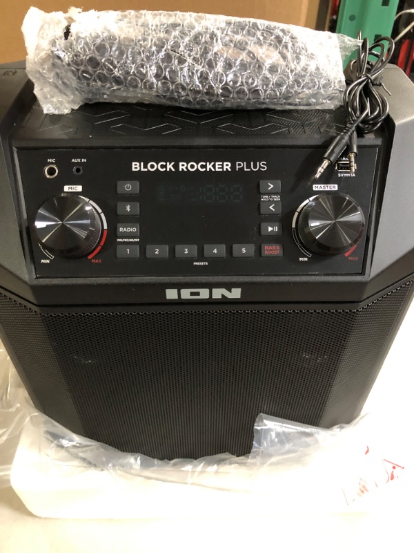 Photo 3 of NONFUNCTIONAL****
ION Audio Block Rocker Plus - Portable Bluetooth Speaker 100W W/Battery, Karaoke Microphone, AM FM Radio, Wheels & Telescopic Handle and USB Charging, Black