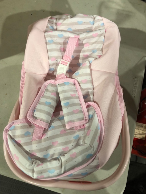 Photo 2 of Adora Baby Doll Car Seat - Pink Car Seat Carrier, Fits Dolls Up to 20 inches, Stripe Hearts Design, Multicolor Classic Pastel Pink and Blue