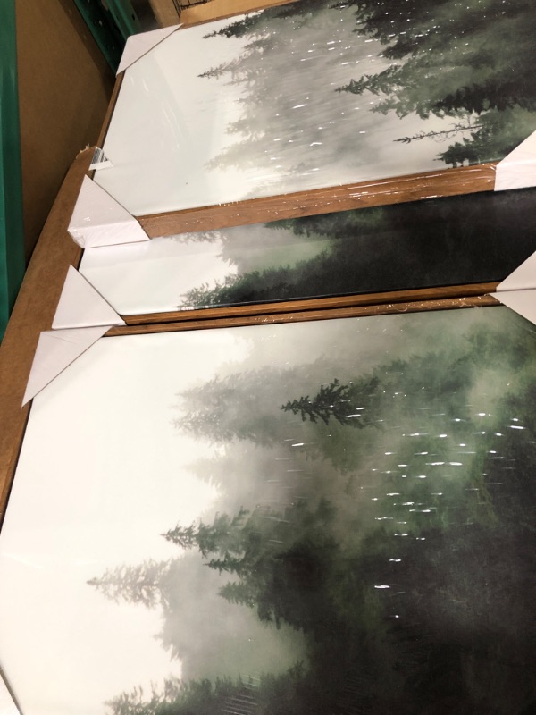 Photo 2 of 3 Piece Canvas Wall Art for Living Room- wall Decorations for Bedroom Foggy forest Trees Landscape painting- Modern Home Decor Stretched and Framed Ready to Hang pictures- 12"x16"x3 Panels wall decor 12x16inches*3pcs The Fog Forest