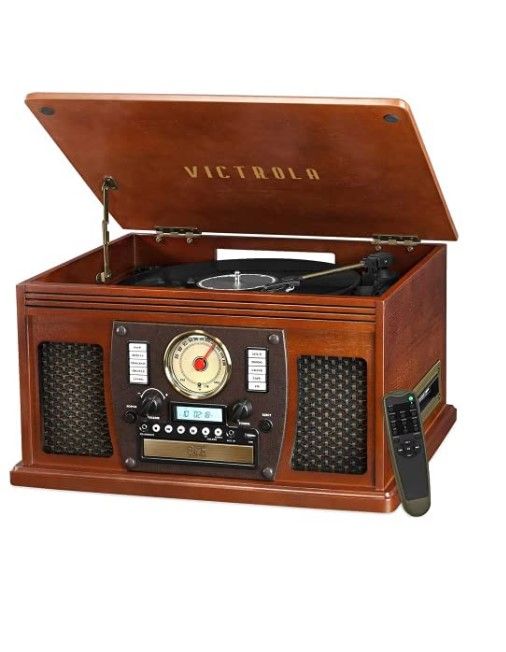 Photo 1 of Victrola Navigator 8-in-1 Classic Bluetooth Record Player with USB Encoding and 3-Speed Turntable Bundle with Victrola Wooden Stand for Wooden Music Centers with Record Holder Shelf, Mahogany