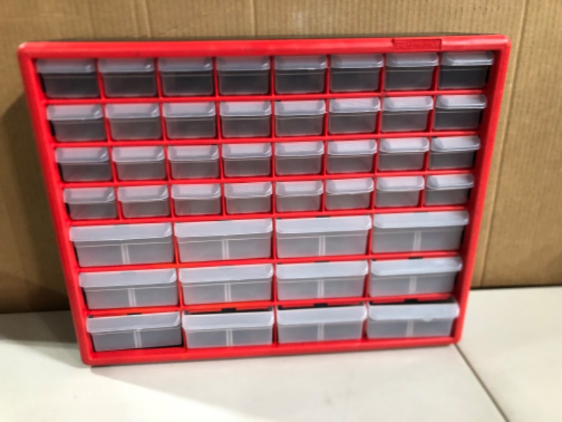 Photo 2 of Akro-Mils 10144, 44 Drawer Plastic Parts Storage Hardware and Craft Cabinet, 20-Inch W x 6-Inch D x 16-Inch H, Red 44 Drawer Cabinet Red