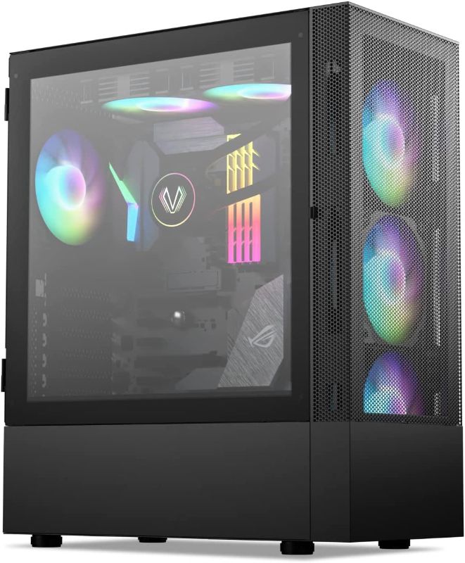 Photo 1 of Vetroo A03 Black Mid-Tower ATX Gaming PC Case, Pre-Installed 3X ARGB&PWM Fans, Door Opening Tempered Glass Panel, High Airflow Mesh Front Panel Computer Case Come with Fan Controller Hub
